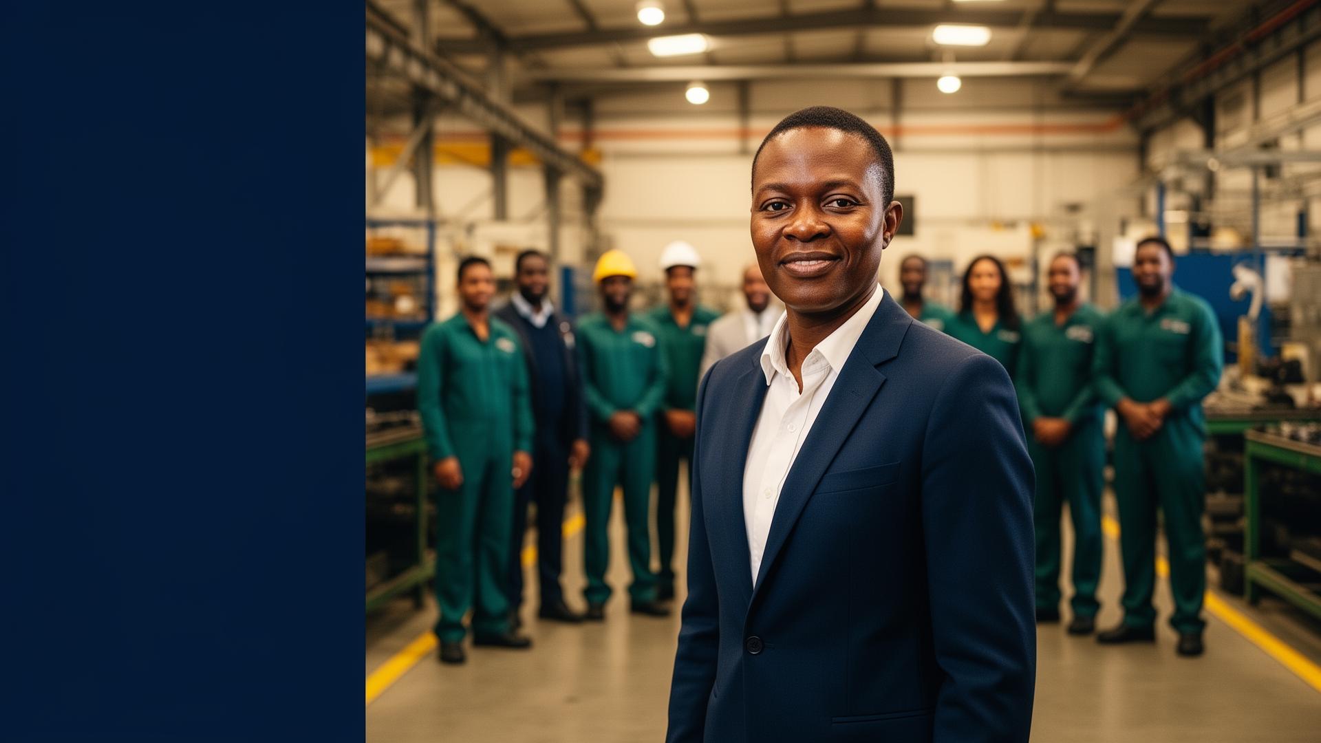 South African business owner with diverse team on factory floor