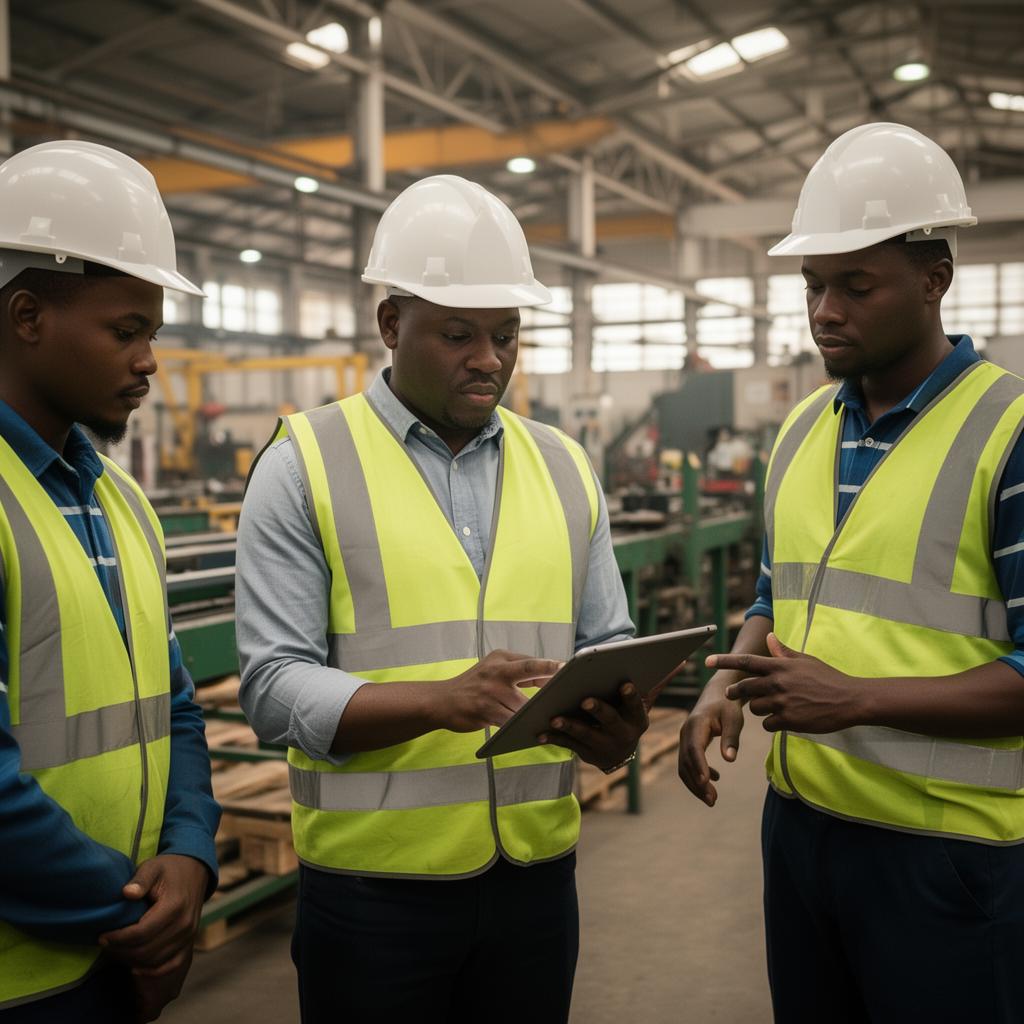 Factory manager reviewing operations with team